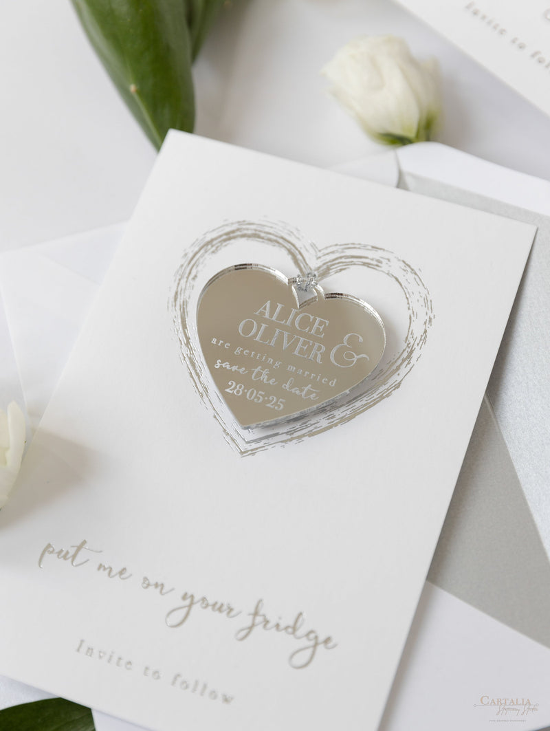 Sliver Foil and Mirror Save the Date Magnet in Plexi Engraving with Card and Envelope