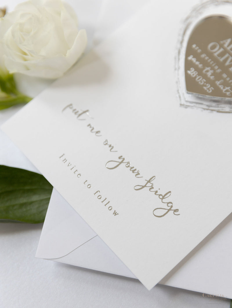 Sliver Foil and Mirror Save the Date Magnet in Plexi Engraving with Card and Envelope