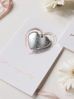 Plexi Heart Save the Date Magnet in Rose Gold Foil Mirror with card