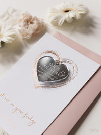 Plexi Heart Save the Date Magnet in Rose Gold Foil Mirror with card