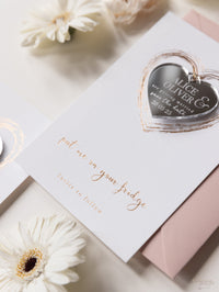 Plexi Heart Save the Date Aimant dans le miroir en papier d'or rose avec carte