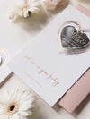 Magnete salva-data a cuore in plexi specchio in lamina d'oro rosa con bigliettino