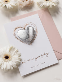 Plexi Heart Save the Date Magnet in Rose Gold Foil Mirror with card