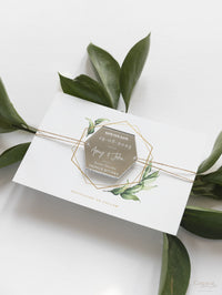 Silver Mirror Plexi in Hexagon Save the Date Magnet with card and Gold String