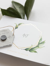 Silver Mirror Plexi in Hexagon Save the Date Magnet with card and Gold String