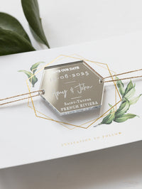 Silver Mirror Plexi in Hexagon Save the Date Magnet with card and Gold String