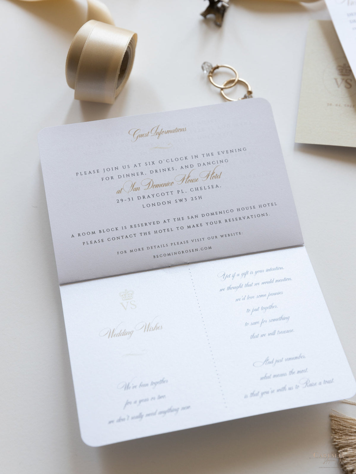 Invitation de mariage de passeport de luxe en champagne avec de véritables bandoues en feuille d'or