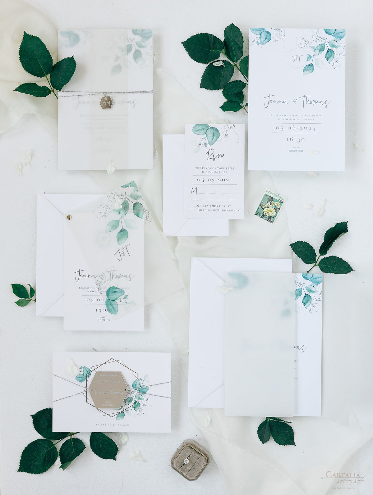 Eucalyptus Wedding invitation with Mirror Plexi Hexagon Tag in Vellum/ Parchment Suite