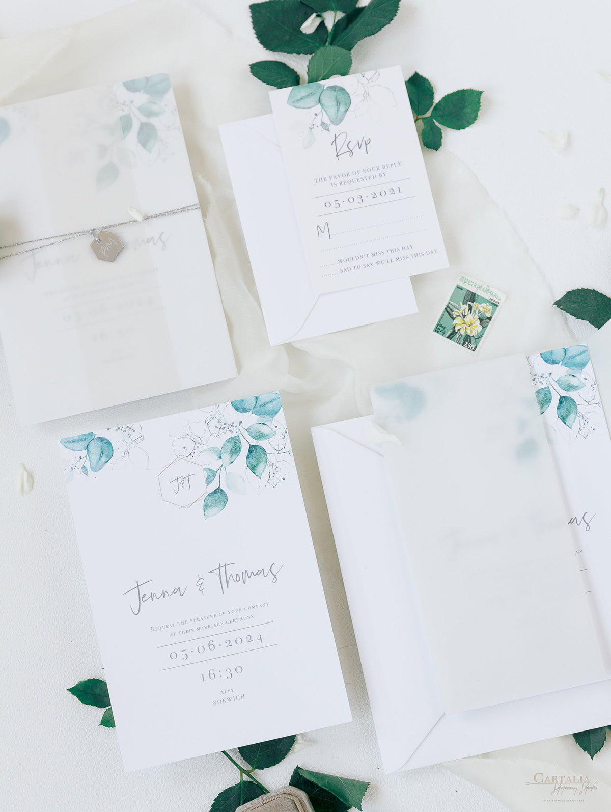 Eucalyptus Wedding invitation with Mirror Plexi Hexagon Tag in Vellum/ Parchment Suite