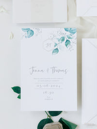 Eucalyptus Wedding invitation with Mirror Plexi Hexagon Tag in Vellum/ Parchment Suite