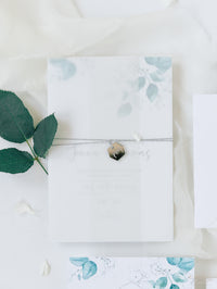 Eucalyptus Wedding invitation with Mirror Plexi Hexagon Tag in Vellum/ Parchment Suite