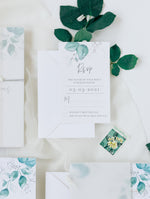 Eucalyptus Wedding invitation with Mirror Plexi Hexagon Tag in Vellum/ Parchment Suite