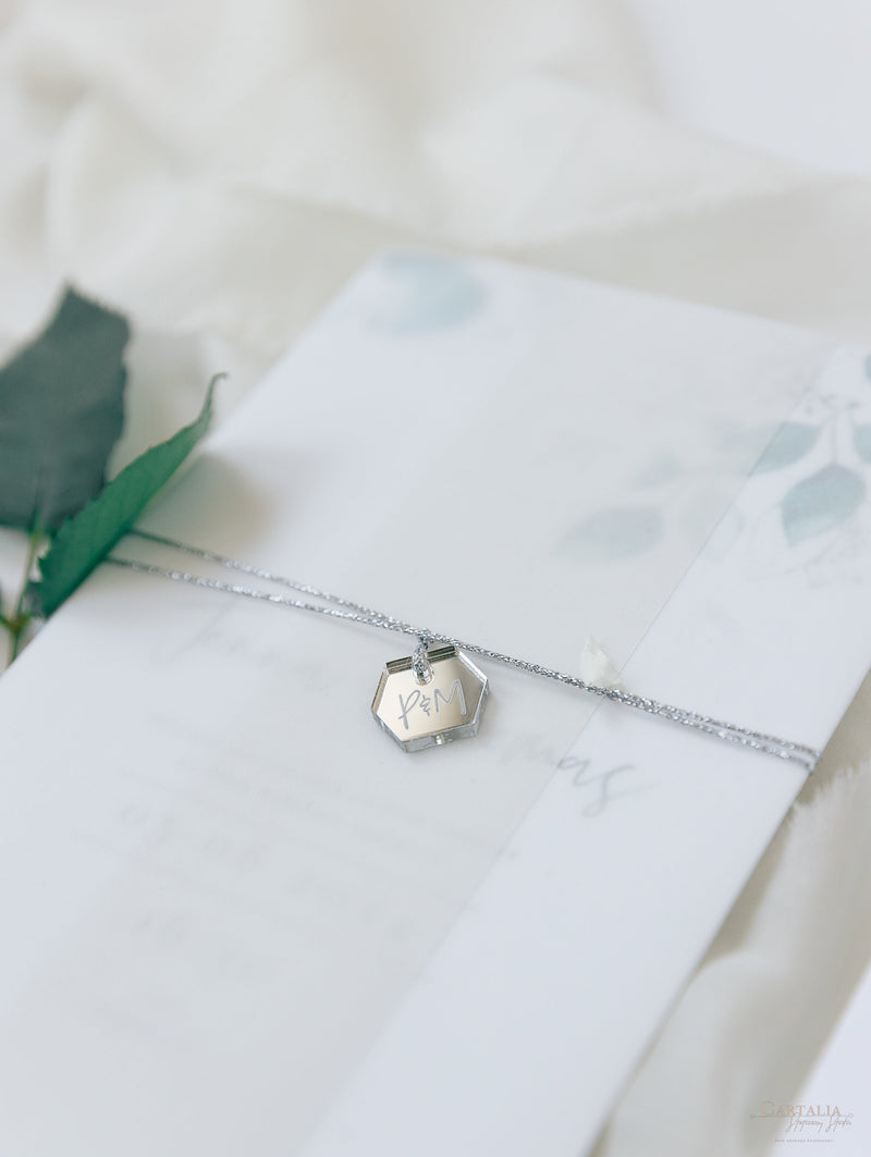 Eucalyptus Wedding invitation with Mirror Plexi Hexagon Tag in Vellum/ Parchment Suite