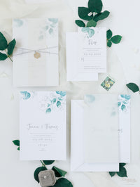 Eucalyptus Wedding invitation with Mirror Plexi Hexagon Tag in Vellum/ Parchment Suite