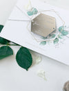 Eucalyptus Magnet Silver Mirror Plexi in Hexagon Save the Date with card and Silver String