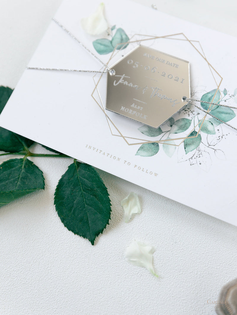 Eucalyptus Magnet Silver Mirror Plexi in Hexagon Save the Date with card and Silver String