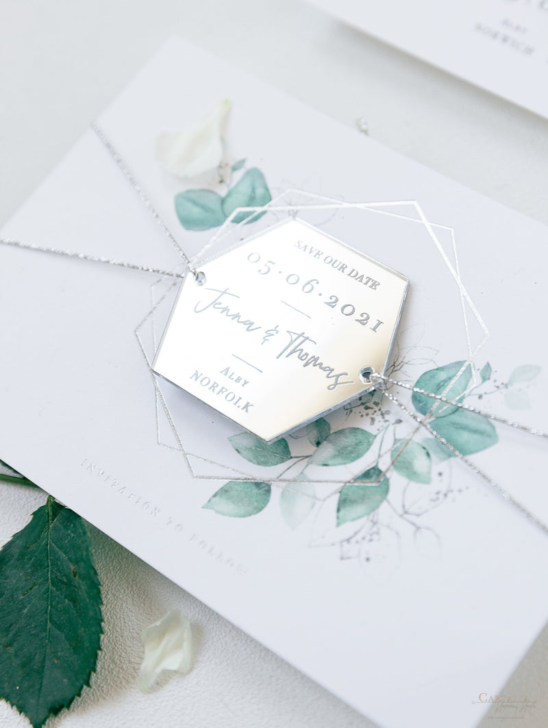 Eucalyptus Magnet Silver Mirror Plexi in Hexagon Save the Date with card and Silver String