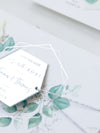 Eucalyptus Magnet Silver Mirror Plexi in Hexagon Save the Date with card and Silver String