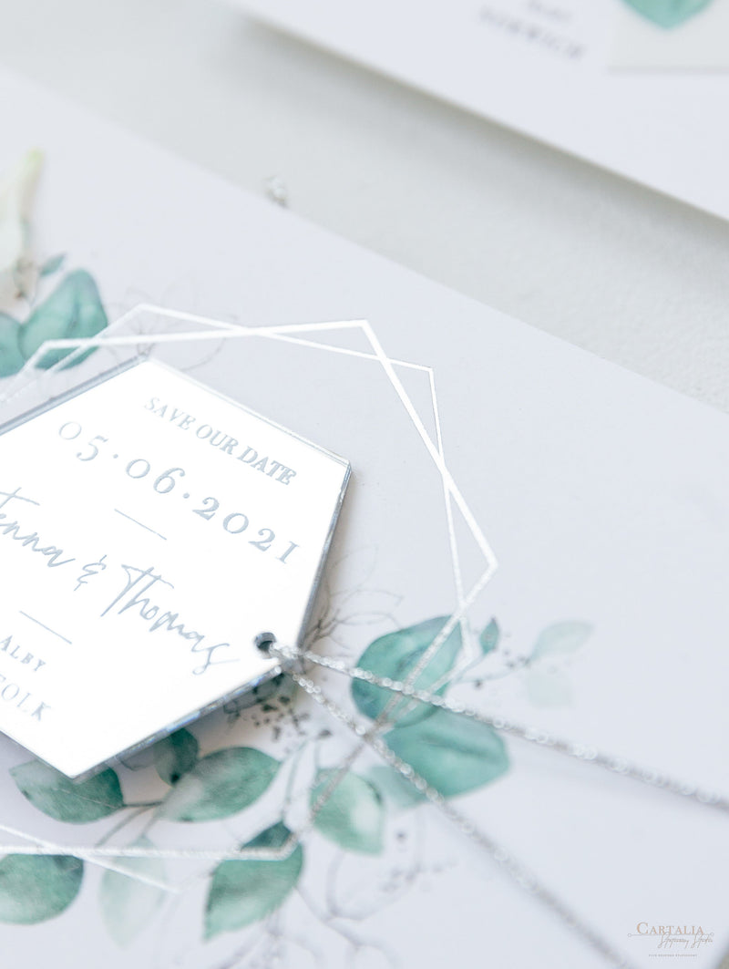 Eucalyptus Magnet Silver Mirror Plexi in Hexagon Save the Date with card and Silver String