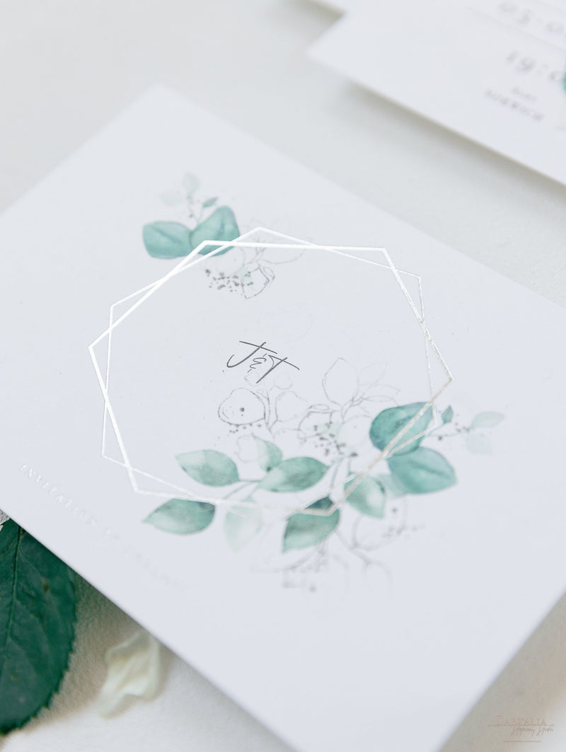 Eucalyptus Magnet Silver Mirror Plexi in Hexagon Save the Date with card and Silver String