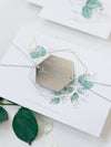 Eucalyptus Magnet Silver Mirror Plexi in Hexagon Save the Date with card and Silver String