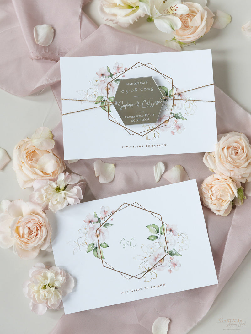 Hexagonal Mirror Magnet Personalised Engraving with Rose Gold Foil Save the Date Card