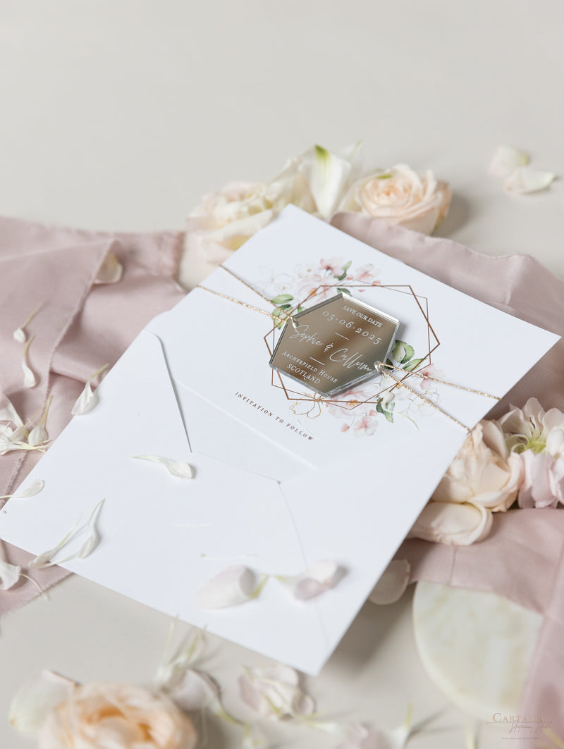 Hexagonal Mirror Magnet Personalised Engraving with Rose Gold Foil Save the Date Card