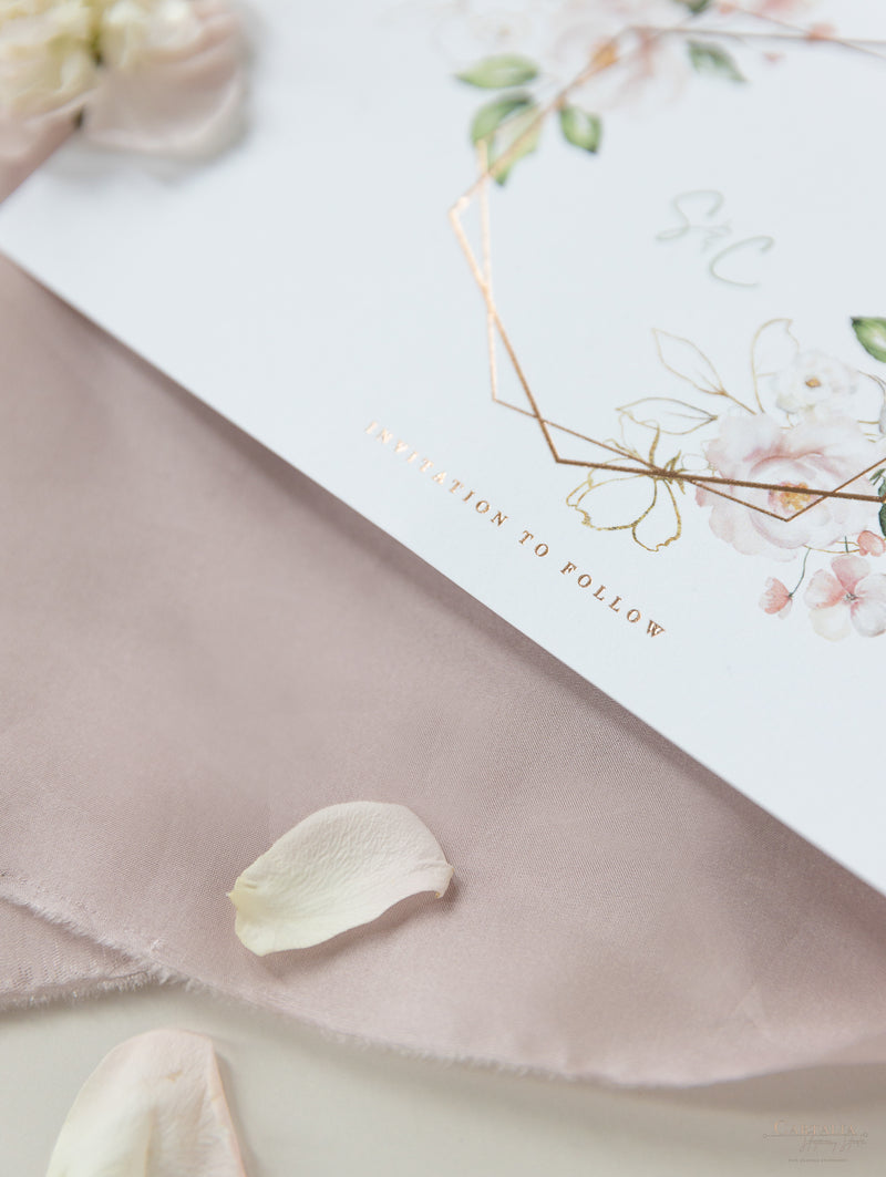 Hexagonal Mirror Magnet Personalised Engraving with Rose Gold Foil Save the Date Card