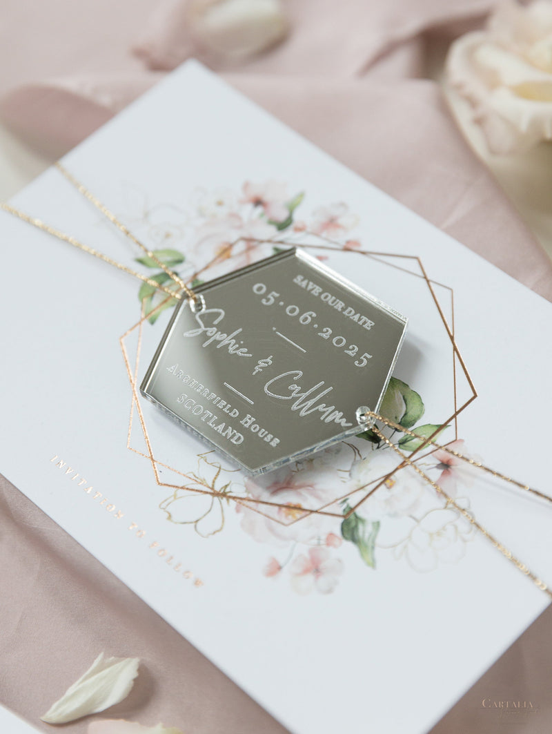 Specchio Plexi in esagono Save the Date Magnet con carta e cordino dorato