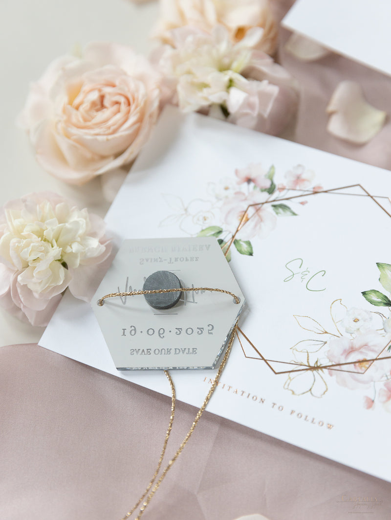Hexagonal Mirror Magnet Personalised Engraving with Rose Gold Foil Save the Date Card