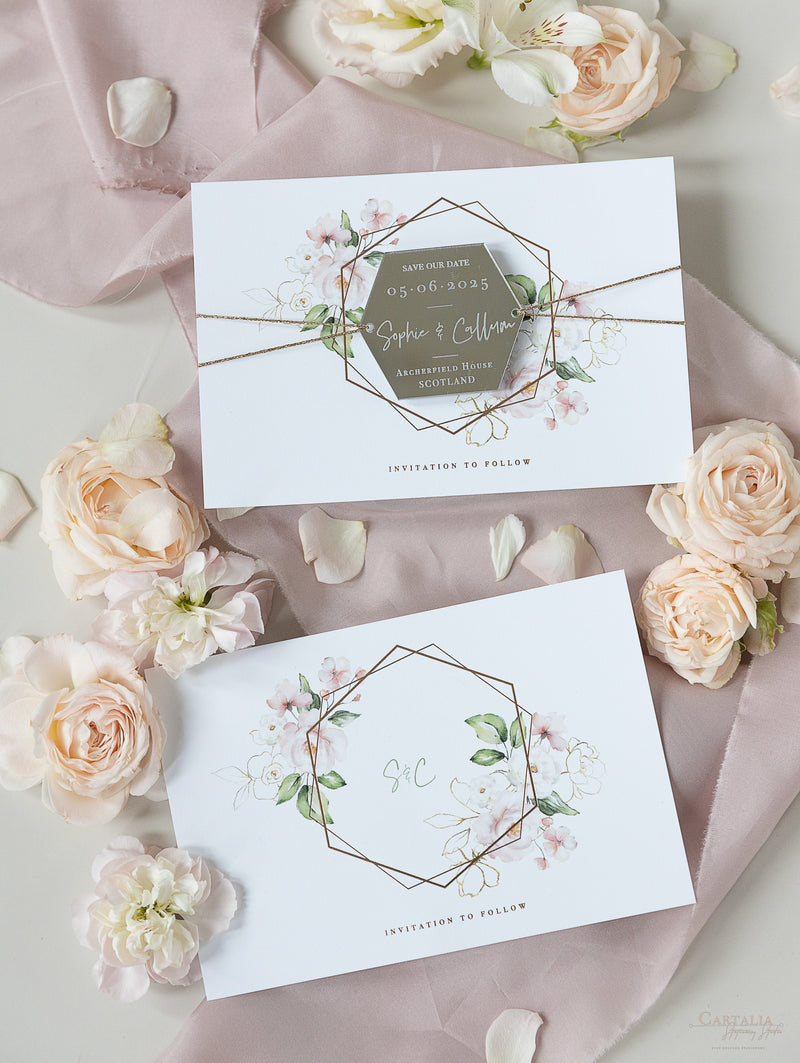 Hexagonal Mirror Magnet Personalised Engraving with Rose Gold Foil Save the Date Card