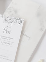 Vellum Suite Day Invitation & RSVP in Grey & Silver Boho Floral Design Silver Foil Mirror Plexi