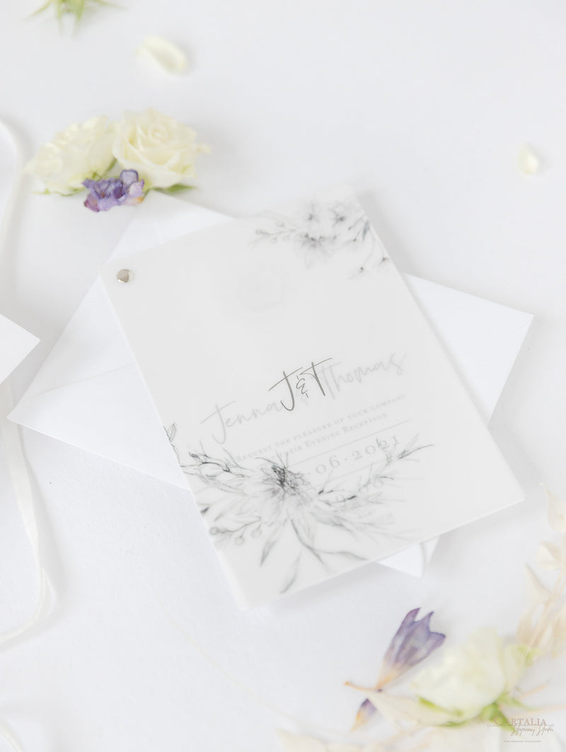 Invito al ricevimento serale della suite in pergamena e risposta alla risposta in plexiglas con specchio in lamina d'argento con design floreale Boho grigio e argento