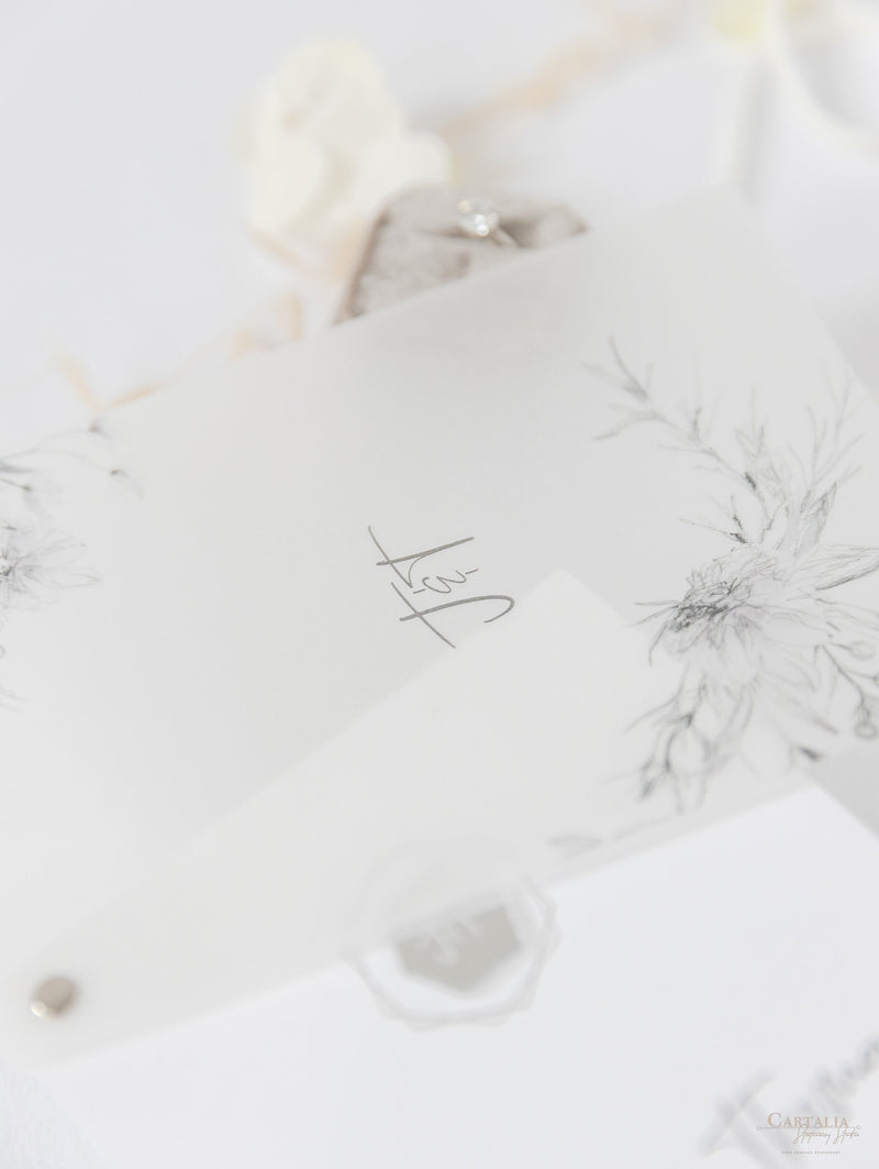 Invito al ricevimento serale della suite in pergamena e risposta alla risposta in plexiglas con specchio in lamina d'argento con design floreale Boho grigio e argento