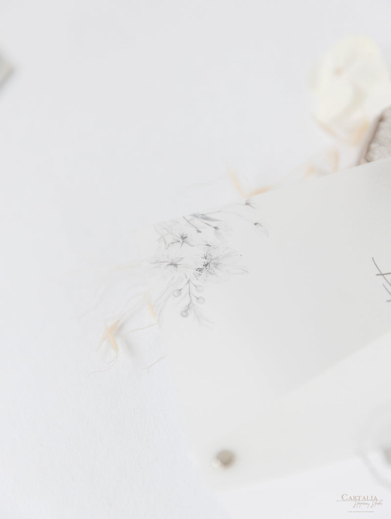 Invito al ricevimento serale della suite in pergamena e risposta alla risposta in plexiglas con specchio in lamina d'argento con design floreale Boho grigio e argento