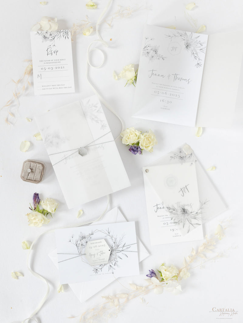 Invito al ricevimento serale della suite in pergamena e risposta alla risposta in plexiglas con specchio in lamina d'argento con design floreale Boho grigio e argento