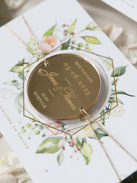 Cercle floral rond enregistrer la date avec un aimant miroir en plexi et un vrai papier d'aluminium