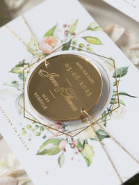 Floral Circle Round Save the Date with Plexi Mirror Magnet & Real Foil