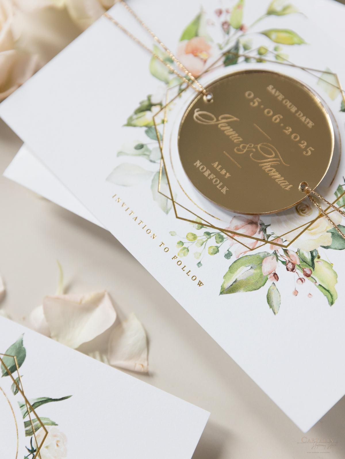 Floral Circle Round Save the Date with Plexi Mirror Magnet & Real Foil