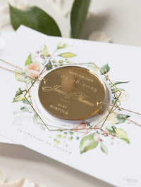 Cercle floral rond enregistrer la date avec un aimant miroir en plexi et un vrai papier d'aluminium