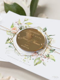 Floral Circle Round Save the Date with Plexi Mirror Magnet & Real Foil