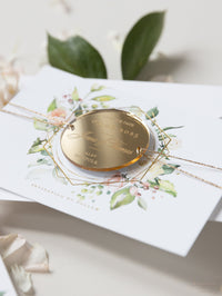 Cercle floral rond enregistrer la date avec un aimant miroir en plexi et un vrai papier d'aluminium