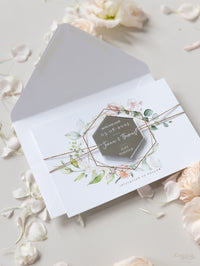 Miroir en argent en acrylique Enregistrer la carte de date avec une conception florale et un vrai papier d'aluminium