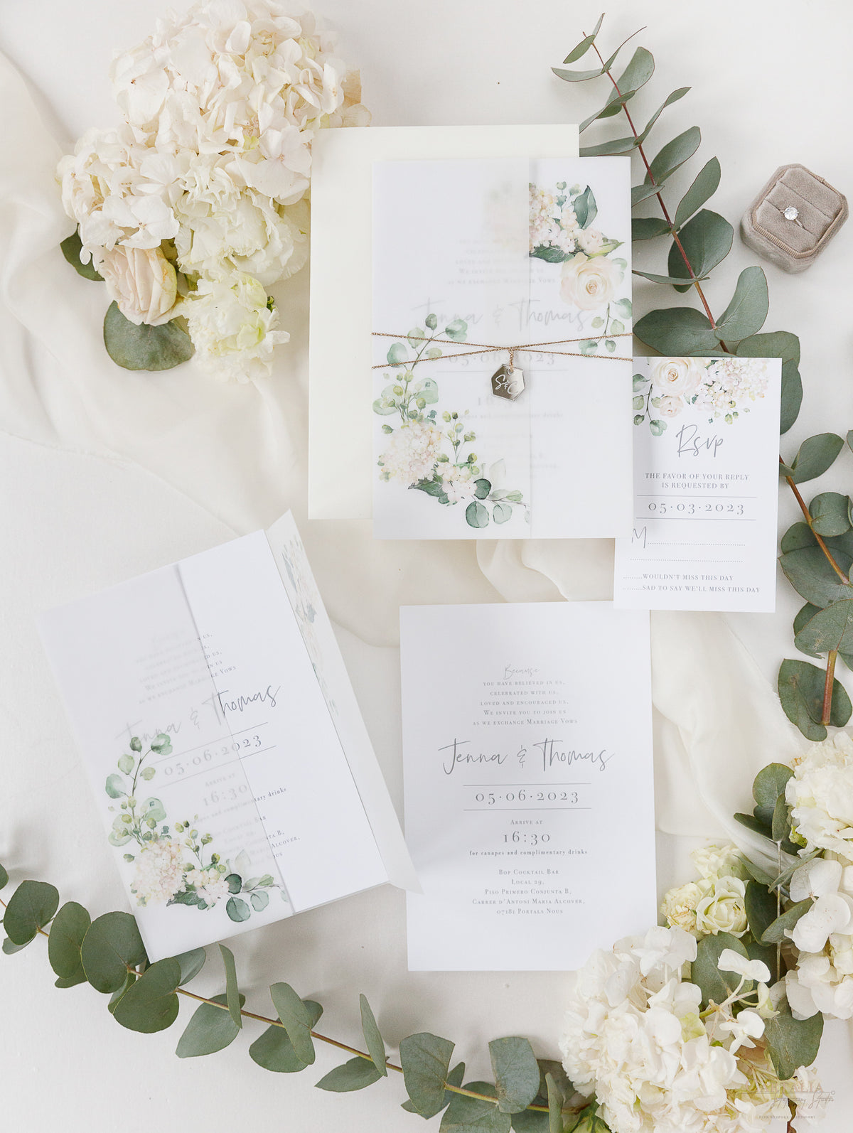 Vellum Day Invitation & RSVP │White Hydrangea Flowers & Greenery │ with Mirror Plexi