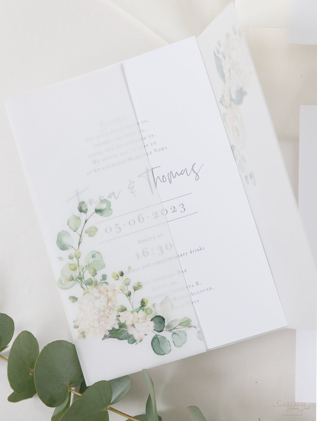 Invitation du Jour du vélin et RSVP │ Hortensia blanc Fleurs et verdure │ avec miroir plexi