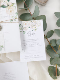 Vellum Day Invitation & RSVP │White Hydrangea Flowers & Greenery │ with Mirror Plexi