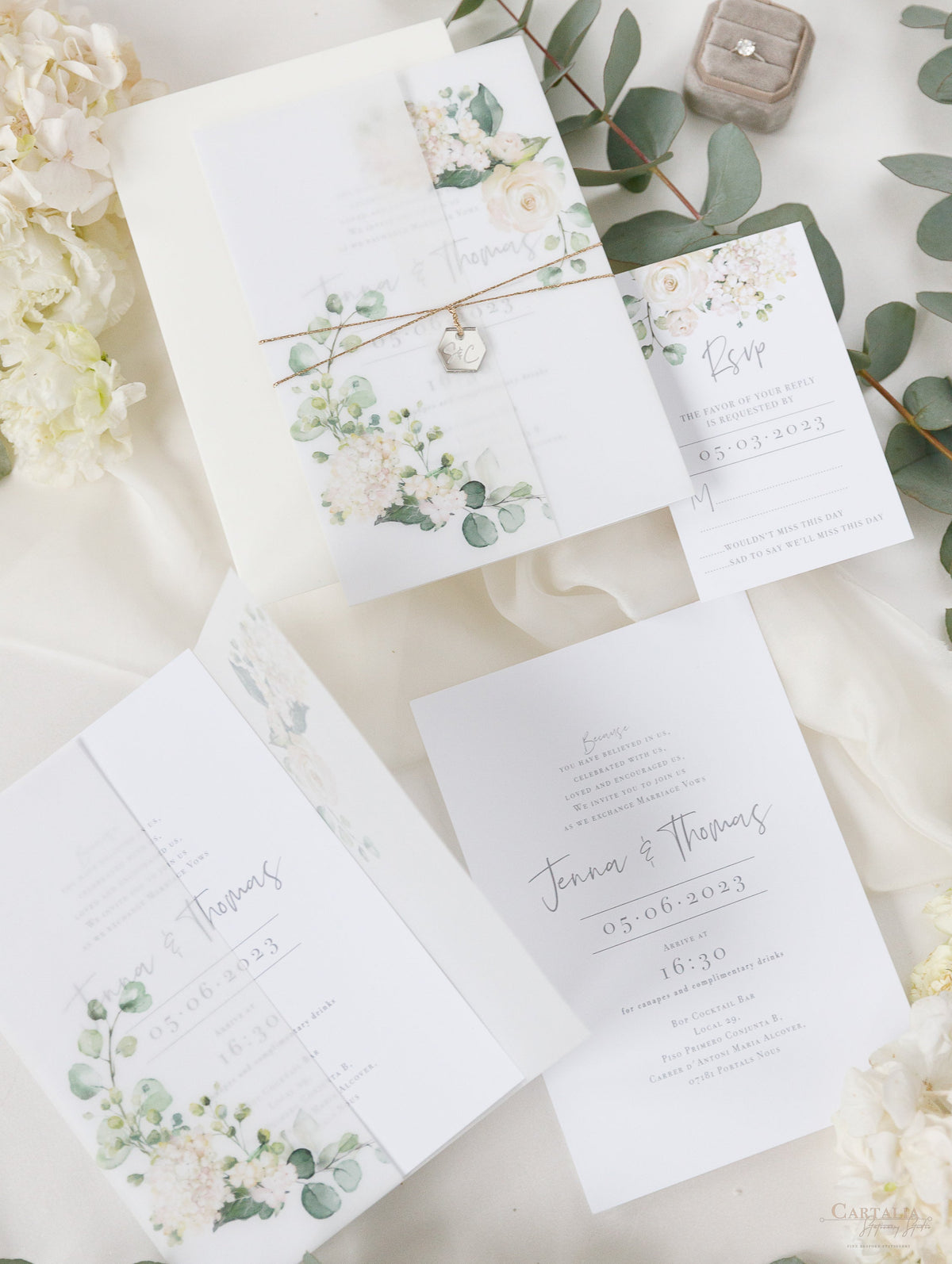 Vellum Day Invitation & RSVP │White Hydrangea Flowers & Greenery │ with Mirror Plexi