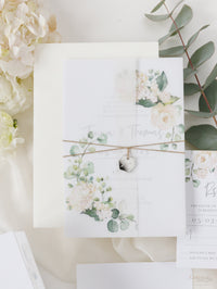 Vellum Day Invitation & RSVP │White Hydrangea Flowers & Greenery │ with Mirror Plexi