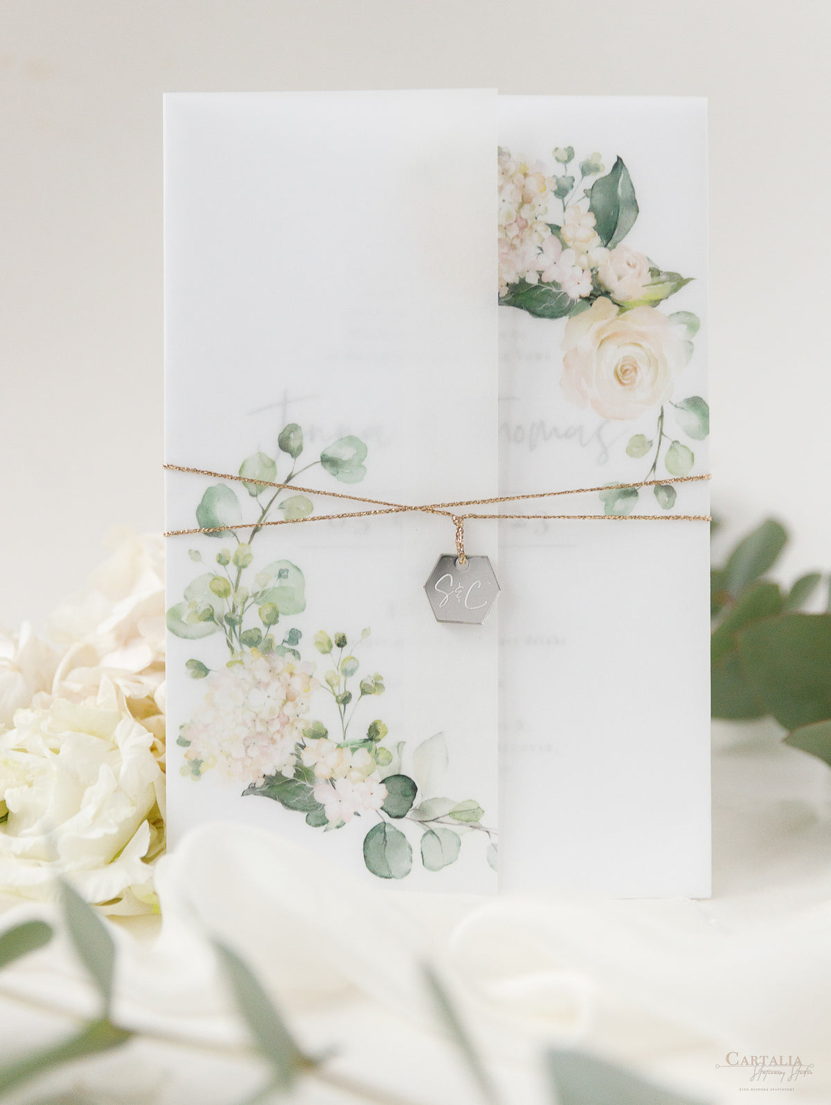 Vellum Day Invitation & RSVP │White Hydrangea Flowers & Greenery │ with Mirror Plexi