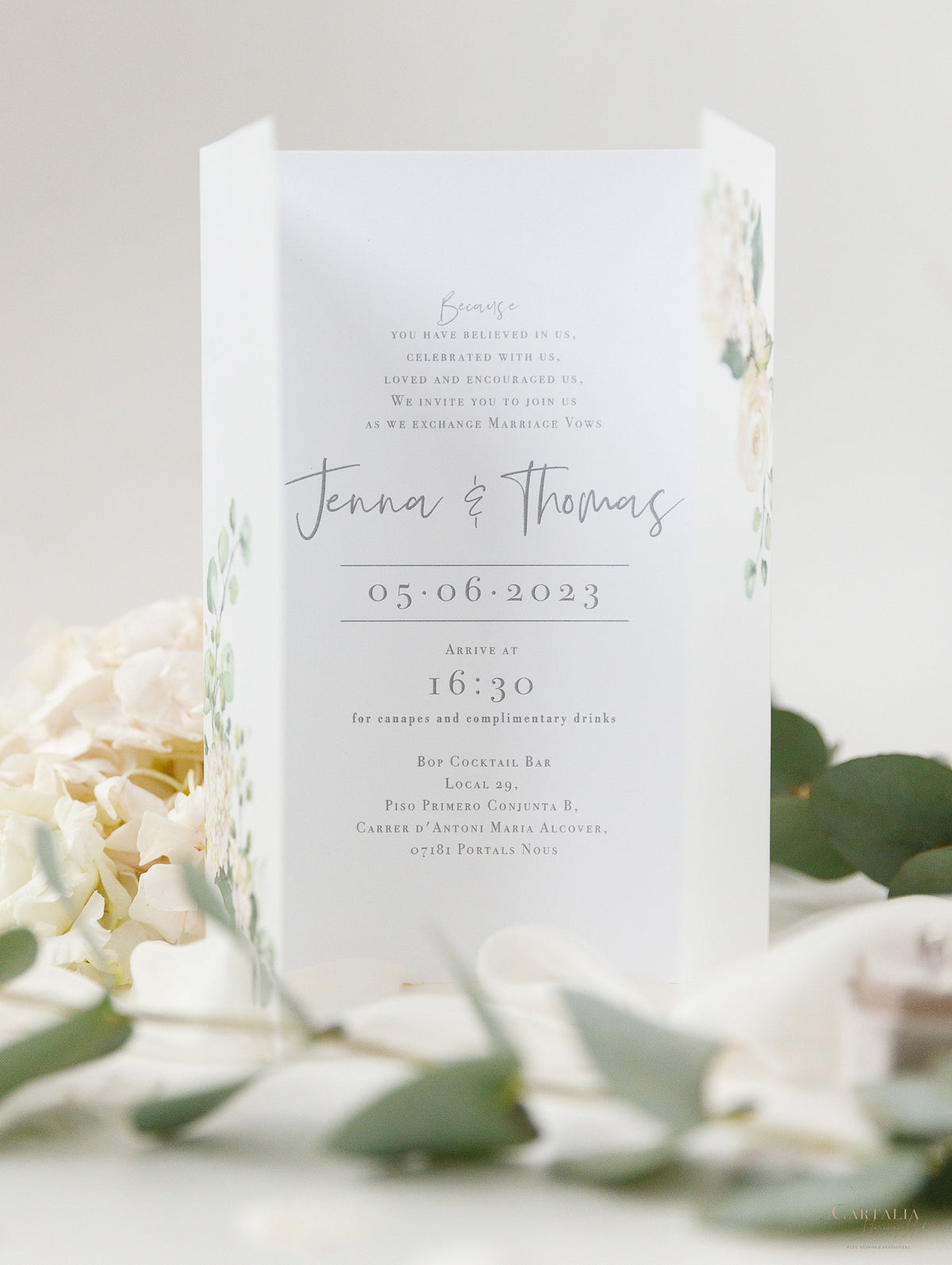 Invitation du Jour du vélin et RSVP │ Hortensia blanc Fleurs et verdure │ avec miroir plexi